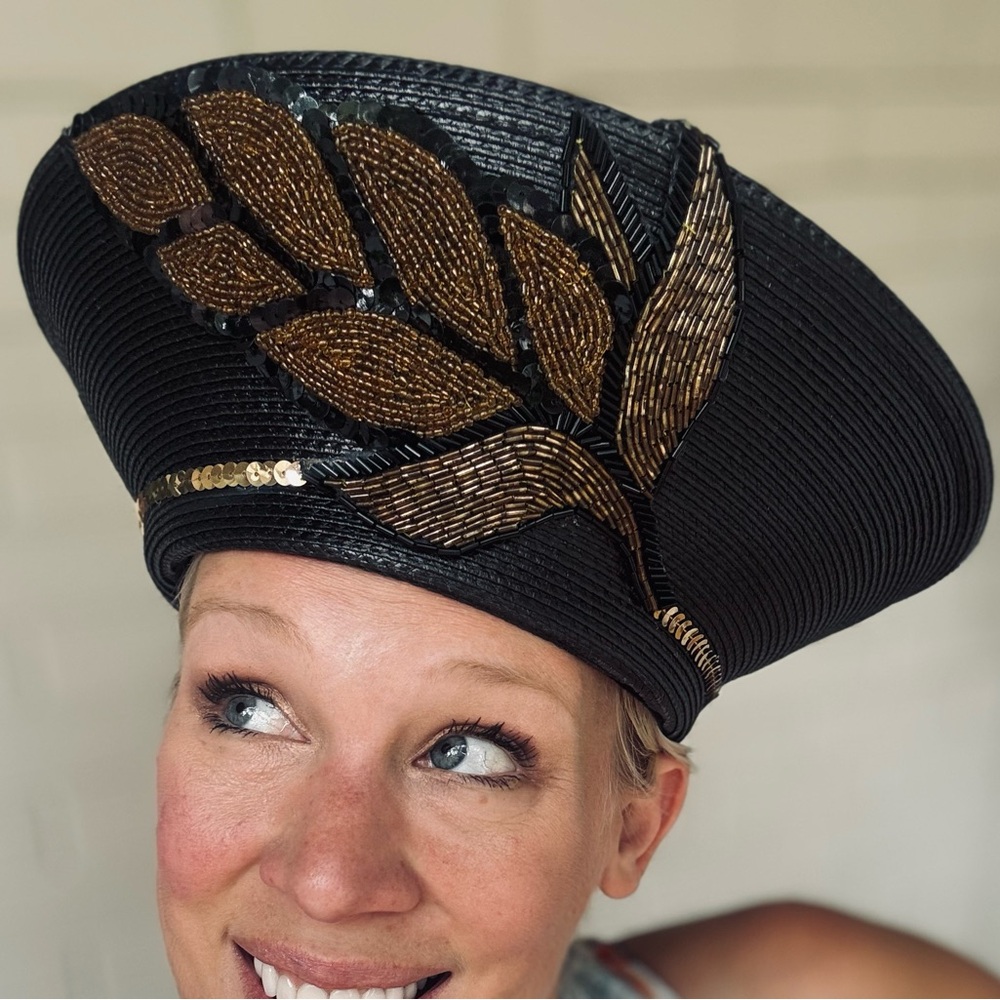 RARE Vintage Mr. John Signature Series Black and Gold Beaded Women's Hat Turban